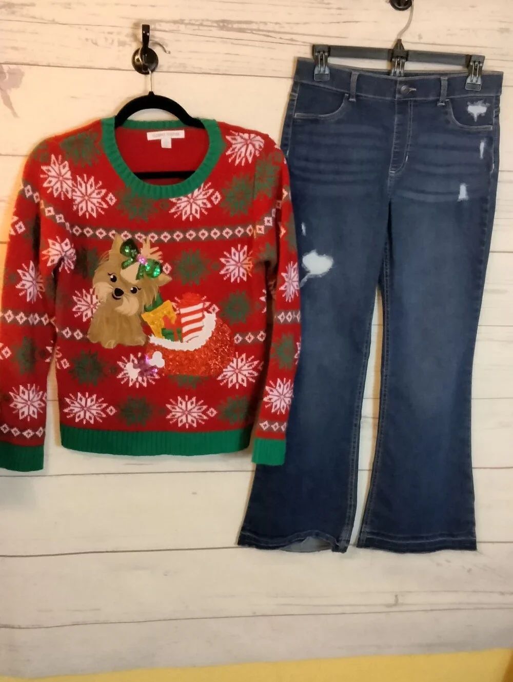 Girls-Red Holiday Sweater with Festive Dog Motif & Blue Jeans